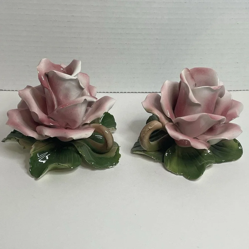 Capodimonte Glazed Porcelain Rose Candle Holder Made In Italy Set 2 1950s VTG